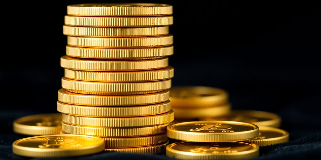 Pièces d'or empilées sur un fond sombre.