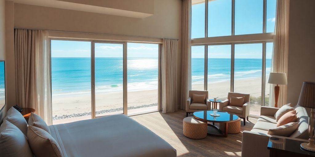 Luxury coastal hotel with ocean view.