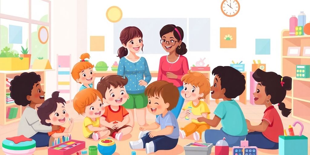 A teacher engaging with preschool children in a classroom.