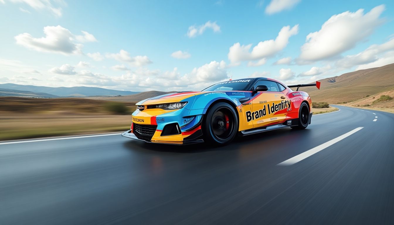 Race car with 'Brand Identity' on the side.