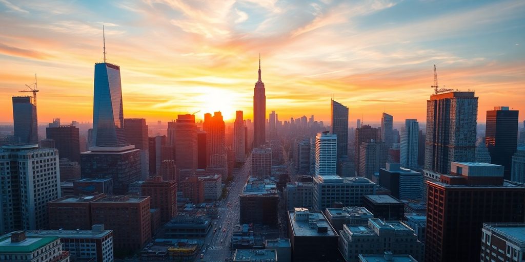City skyline at sunset depicting urban life and diversity.
