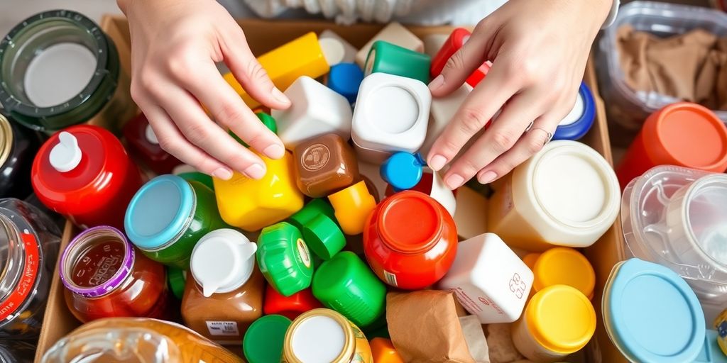 Croydon resident sorting colourful food packaging for reuse.