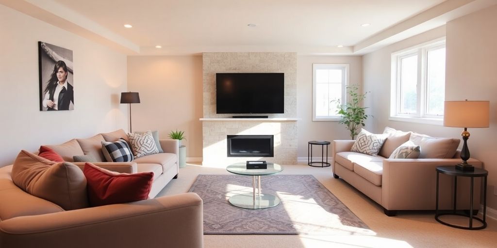 Finished basement, cozy living area, modern design