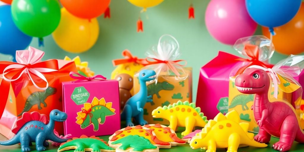 Dinosaur-themed party favours for children on a table.