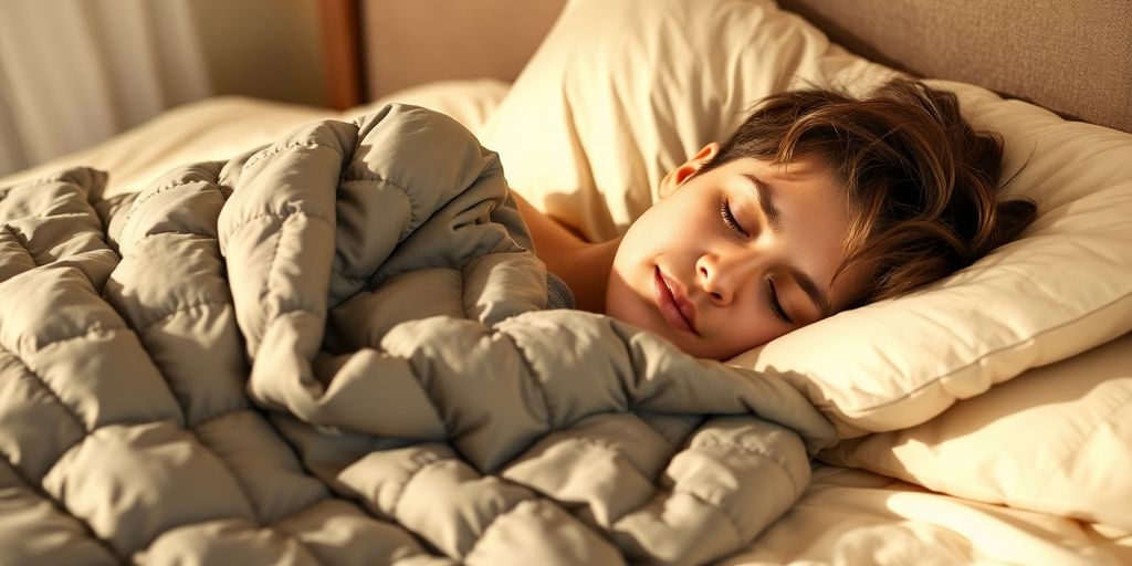 Person sleeping under a gray weighted blanket in dim light.