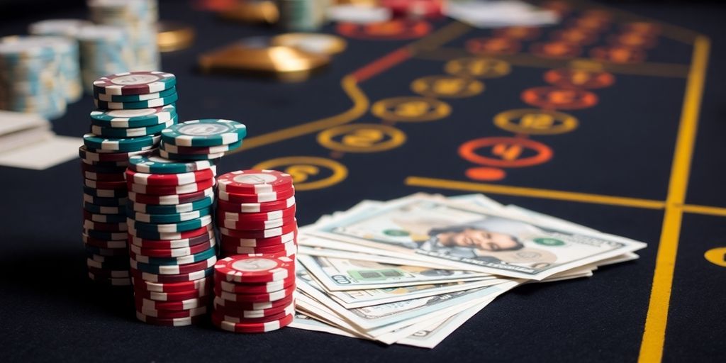 Money stack and chips on a table.