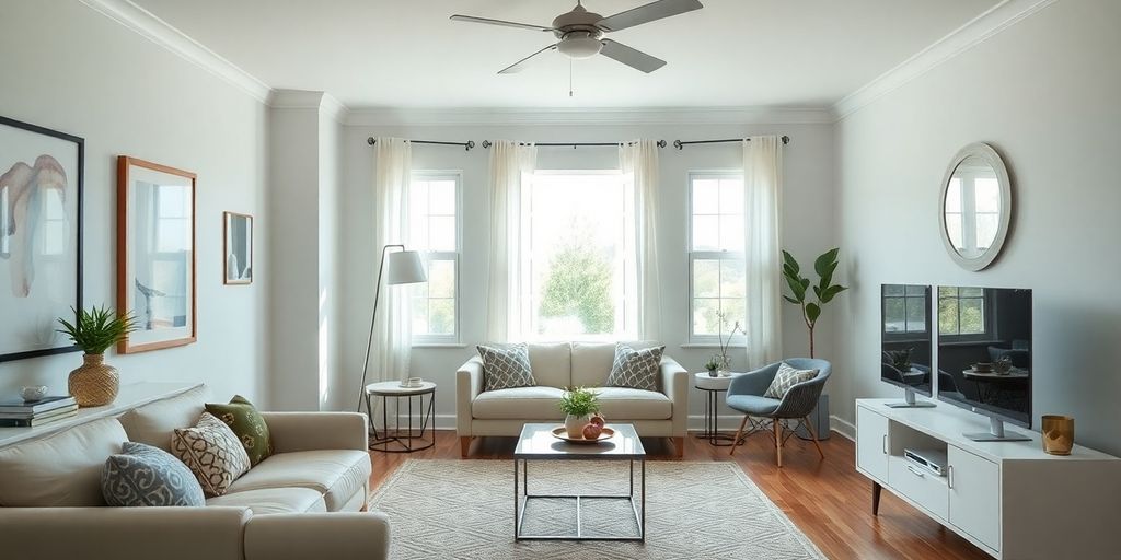 Een prachtig gerenoveerde kamer met moderne inrichting.