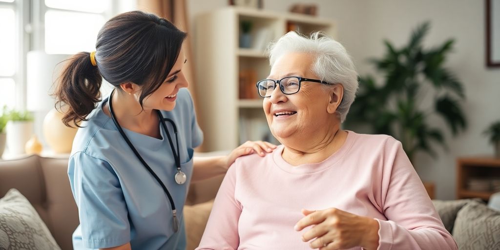 Caregiver assisting elderly person in a cozy living room.