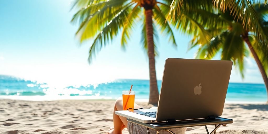 Person working on laptop at beach.