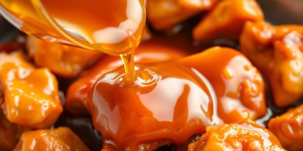 Golden honey garlic sauce drizzled over chicken.