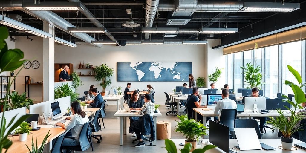 Modern coworking space with people working in Hong Kong.
