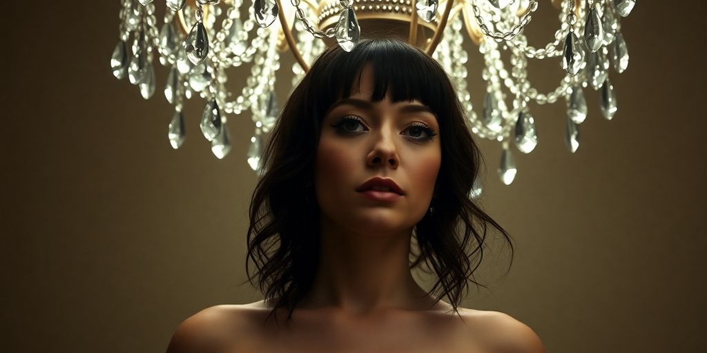 Sia with ornate chandelier hanging above.