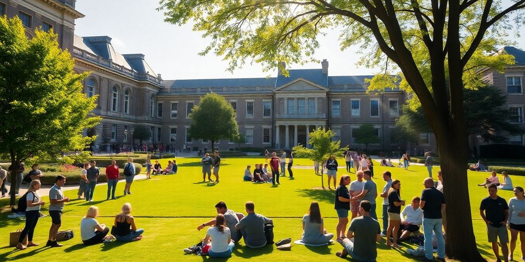 University building with students collaborating.
