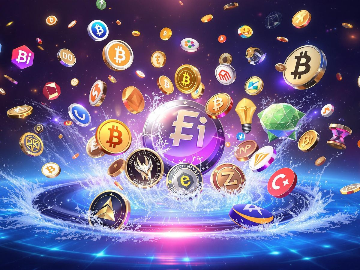 Colorful digital coins in a swirling liquidity pool.