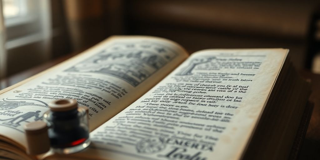 Open book, flowing ink, quill pen, glowing light.