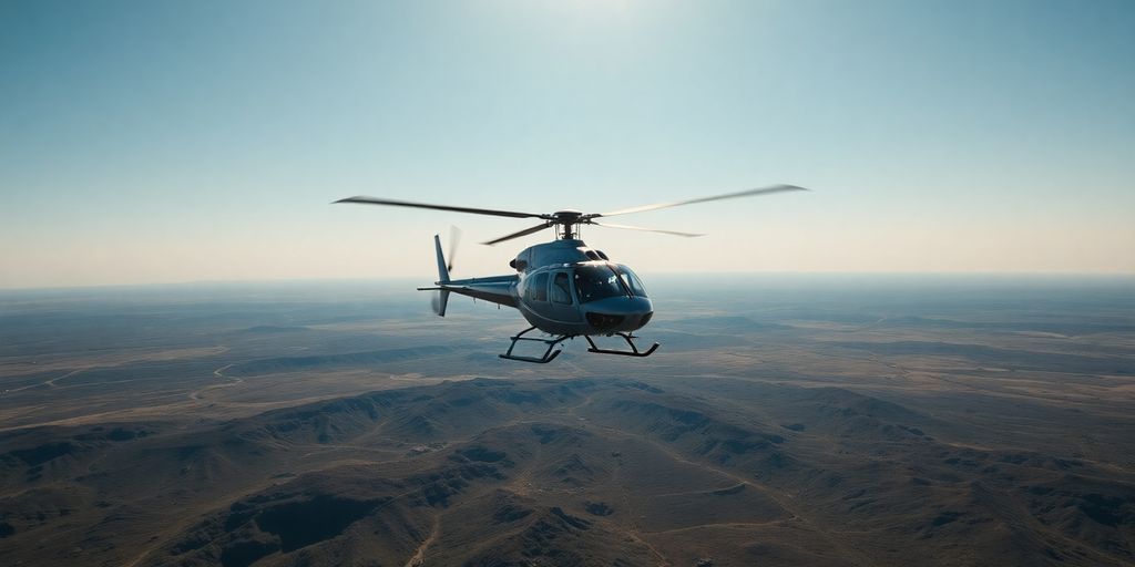 A helicopter flies low over a rugged, snow-dusted landscape.