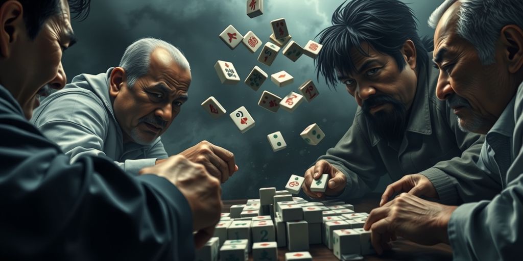 Intense Mahjong game with dramatic expressions and flying tiles