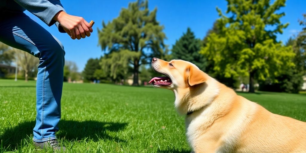 Dog training with a clicker in a sunny park.