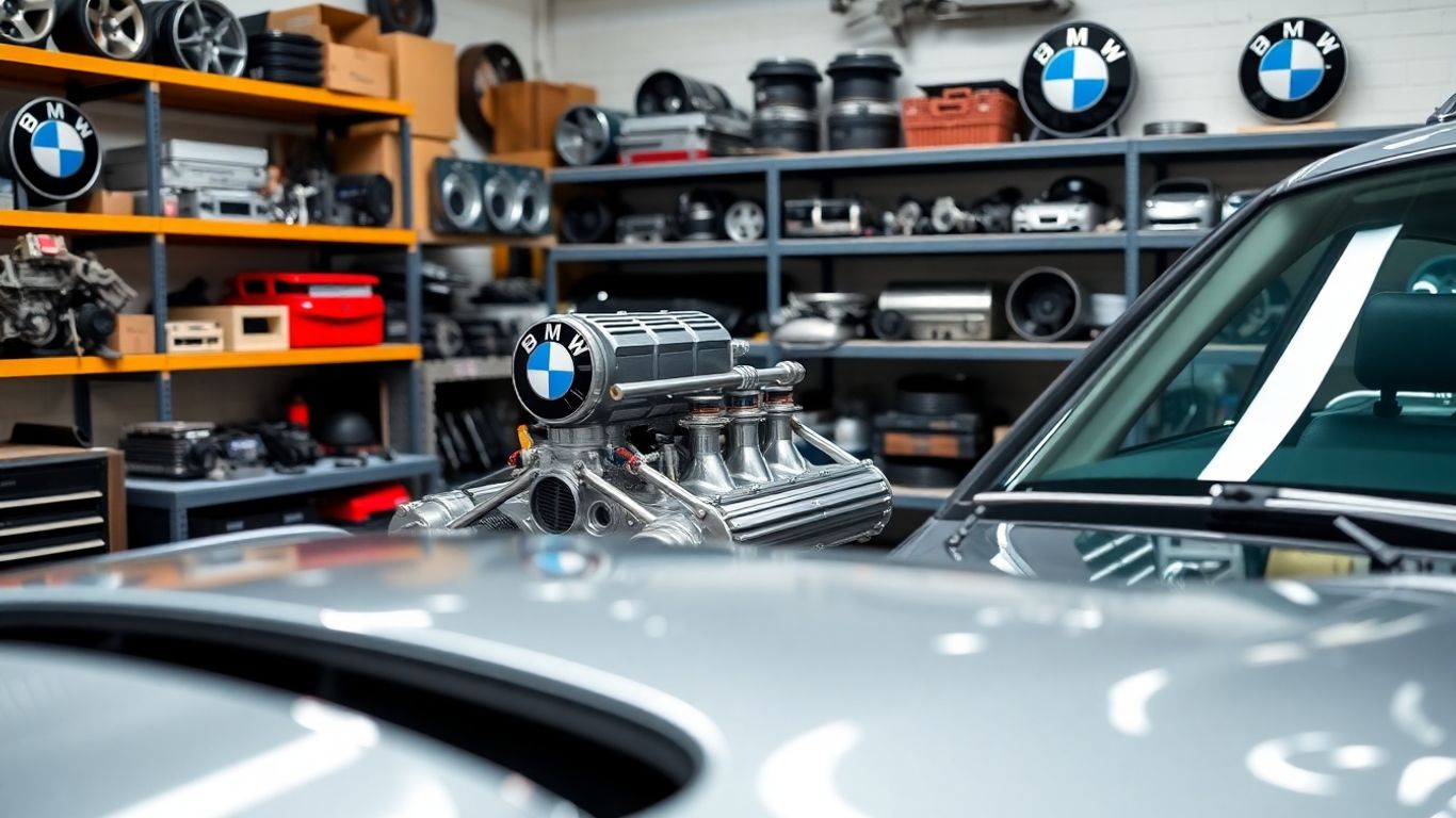 BMW car parts organized in a workshop