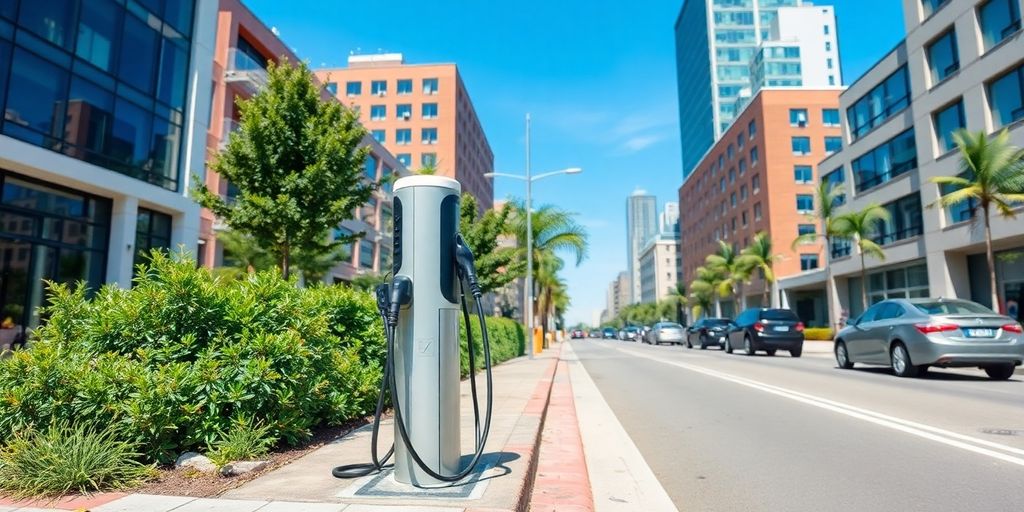 Electric vehicle charging station on a busy urban street.