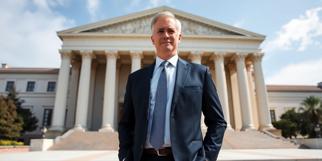 Government building with a person in a suit.