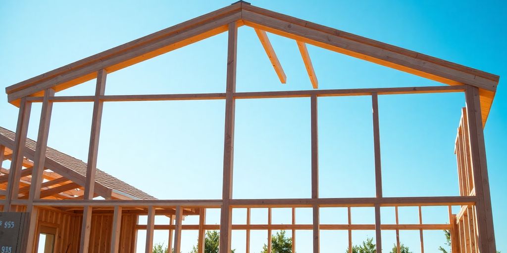 Modern house under construction with a clear blue sky.