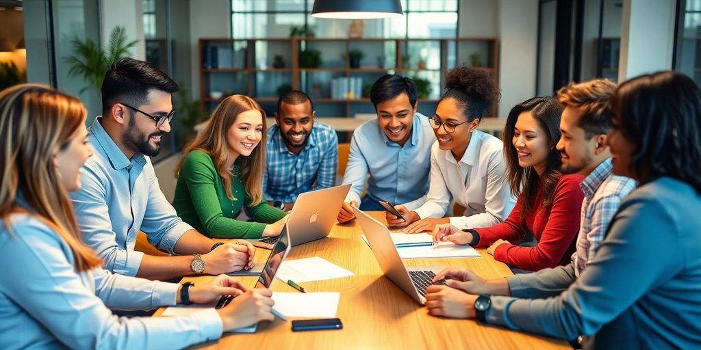 Diverse Team arbeitet zusammen an moderner Planungstechnologie.
