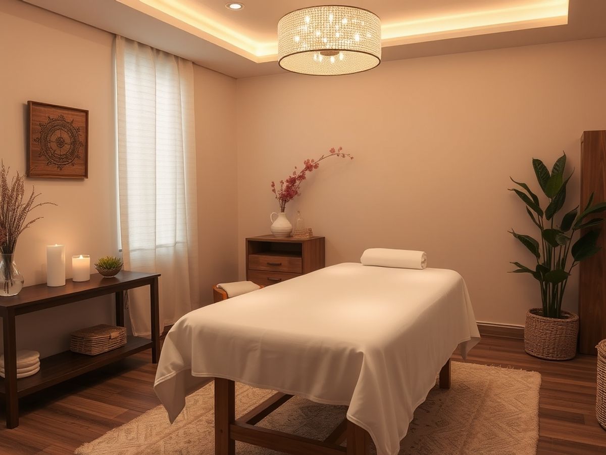 Serene massage room with soft lighting and calming decor.
