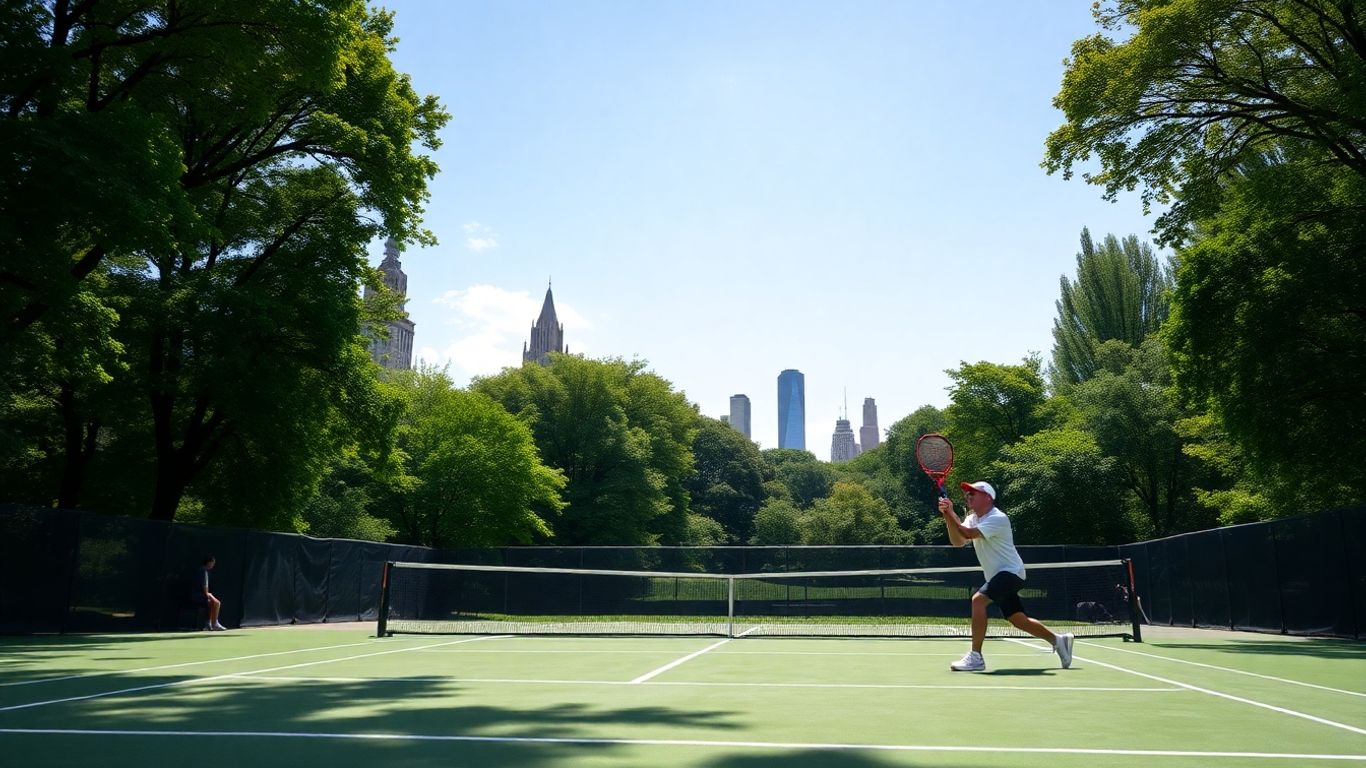 Central Park tennis court with player and city skyline.