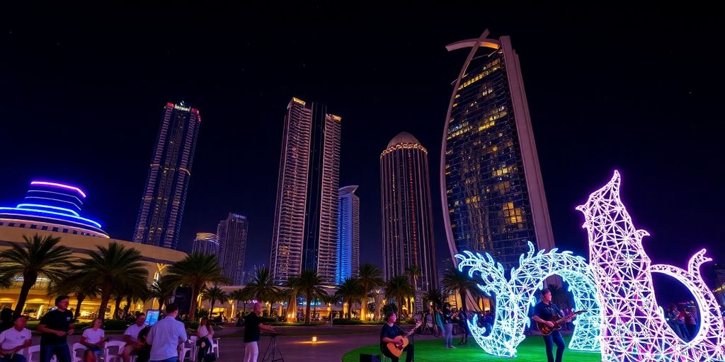 Abu Dhabi night scene with skyscrapers and musicians.