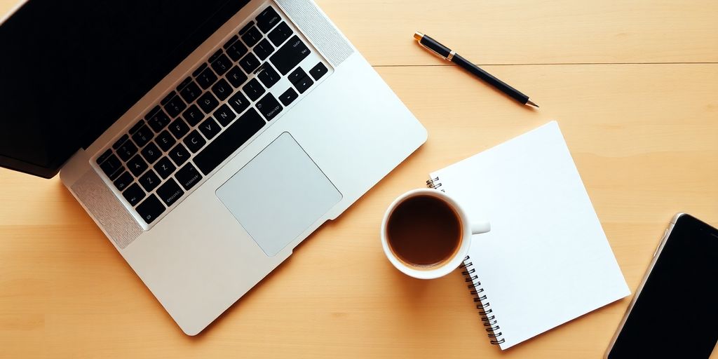 Flat lay of a laptop, notepad, and coffee cup.
