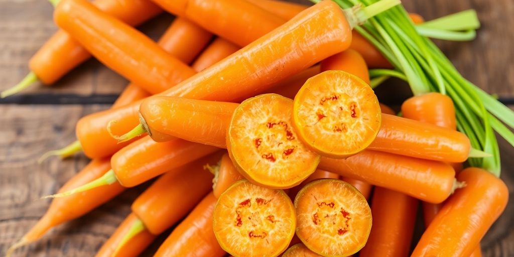Fresh carrots with green tops on a wooden background.