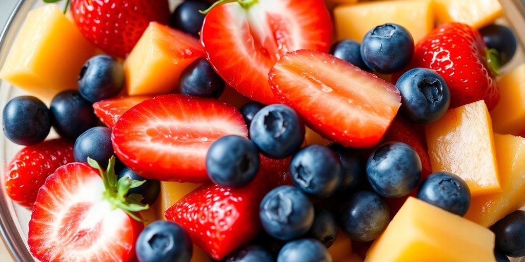 Vibrant fruit salad with berries and melon.
