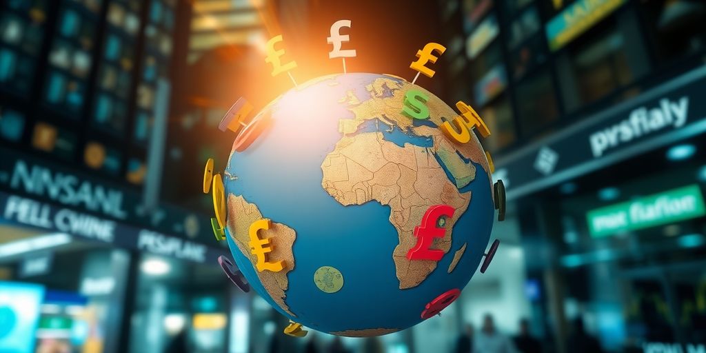 Hands exchanging international currencies.