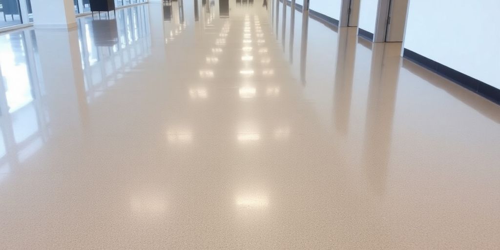 Shiny epoxy flooring in a contemporary commercial interior.
