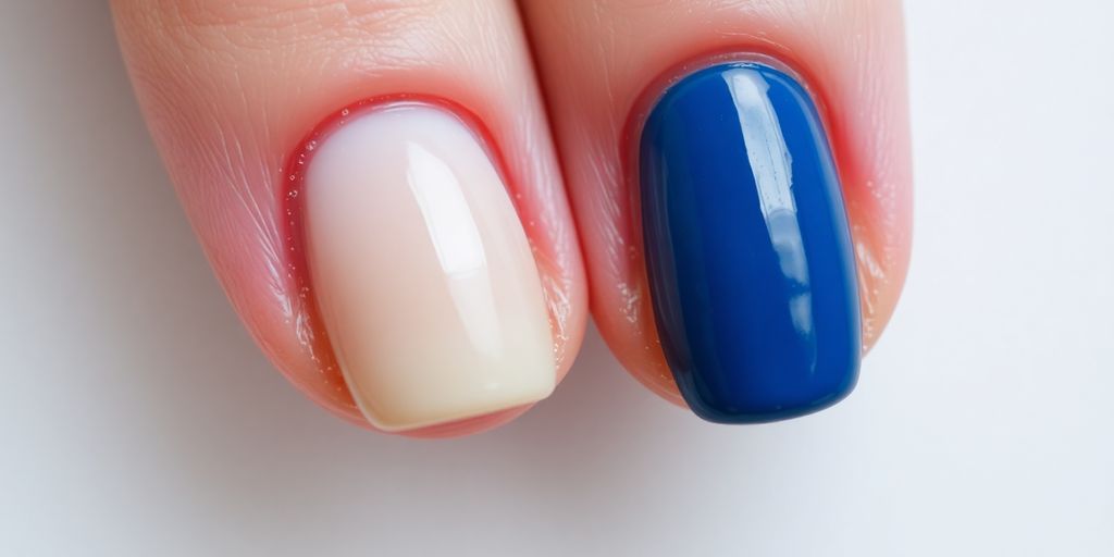 Unhas mal pintadas com cores desiguais e base irregular.