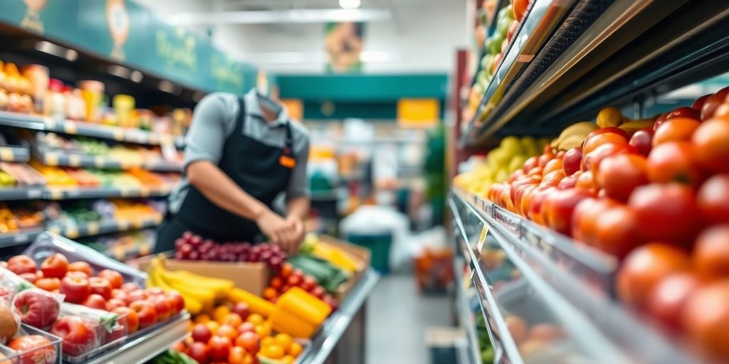 Grocery clerk stocking shelves