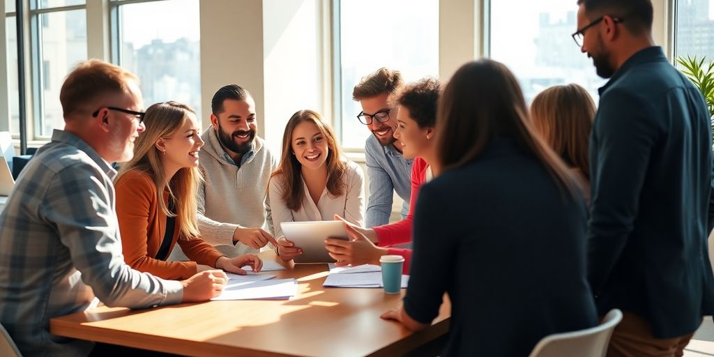 Diverse group collaborating, bright, modern office.