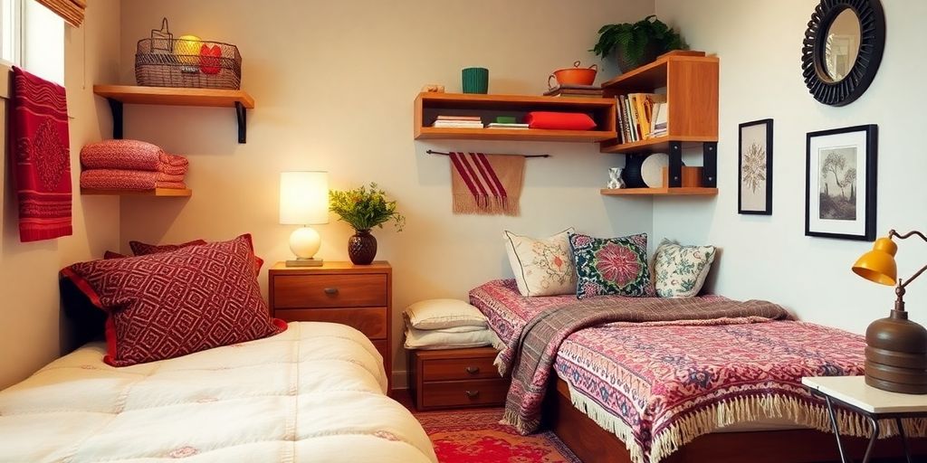 Cozy small bedroom with smart storage and warm lighting.