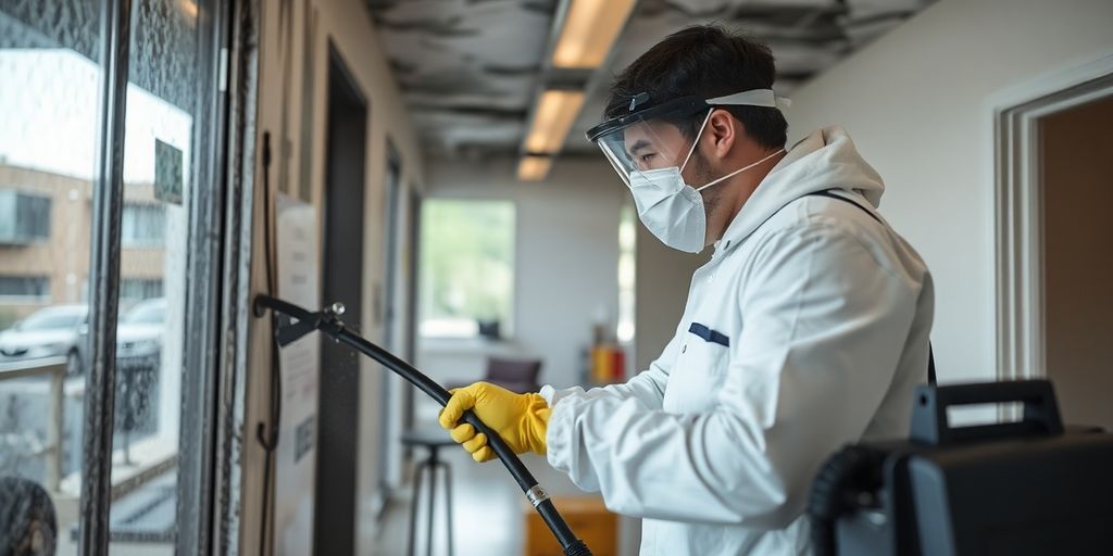 Technician cleaning smoke damage in commercial space.