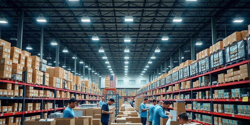 Amazon warehouse with employees packing orders efficiently.