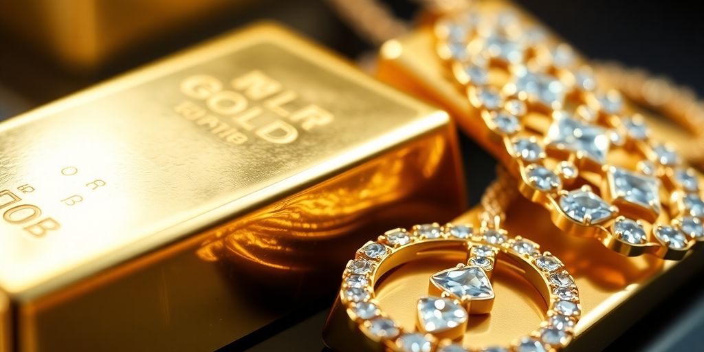 Lingots d'or brillants et bijoux en or recyclé entremêlés.