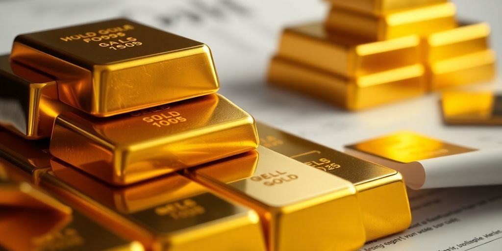 Des lingots d'or empilés avec des documents financiers flous.