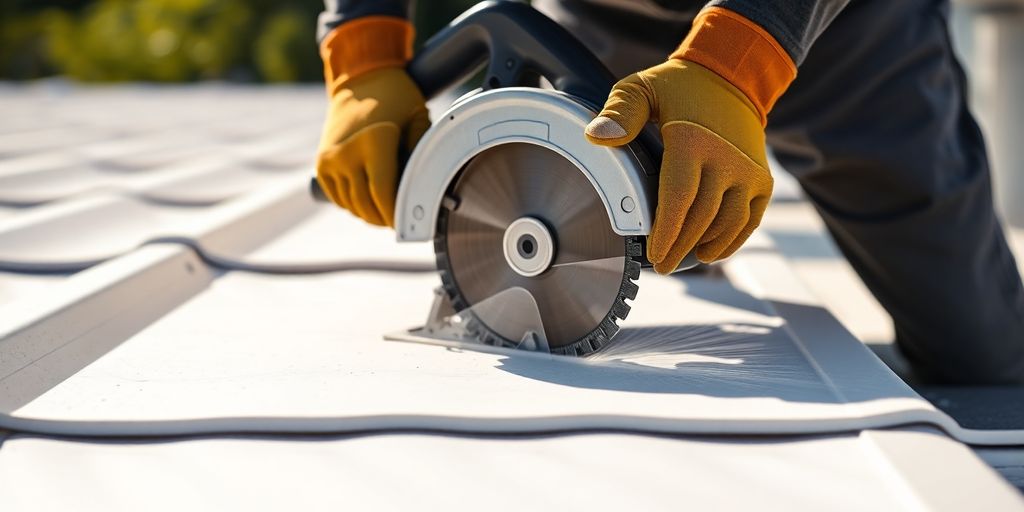 Person cutting PVC roof panel with a circular saw.
