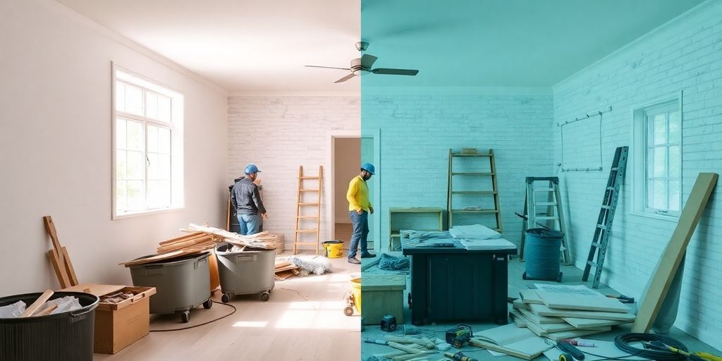 Workers efficiently removing junk from a renovation site.