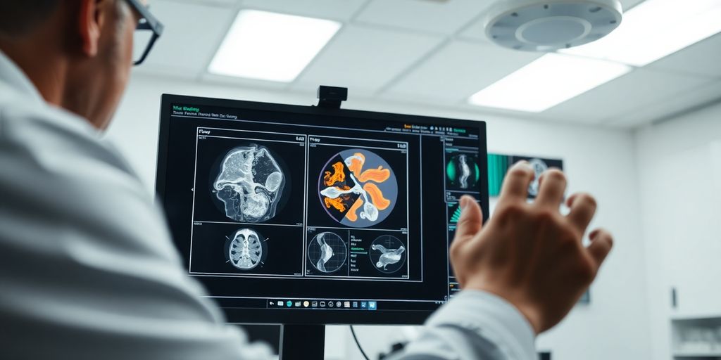 Doctor examining medical imaging using advanced technology.