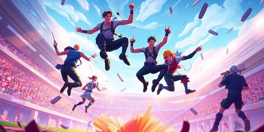 Fortnite players in intense aerial battle, vibrant stadium.
