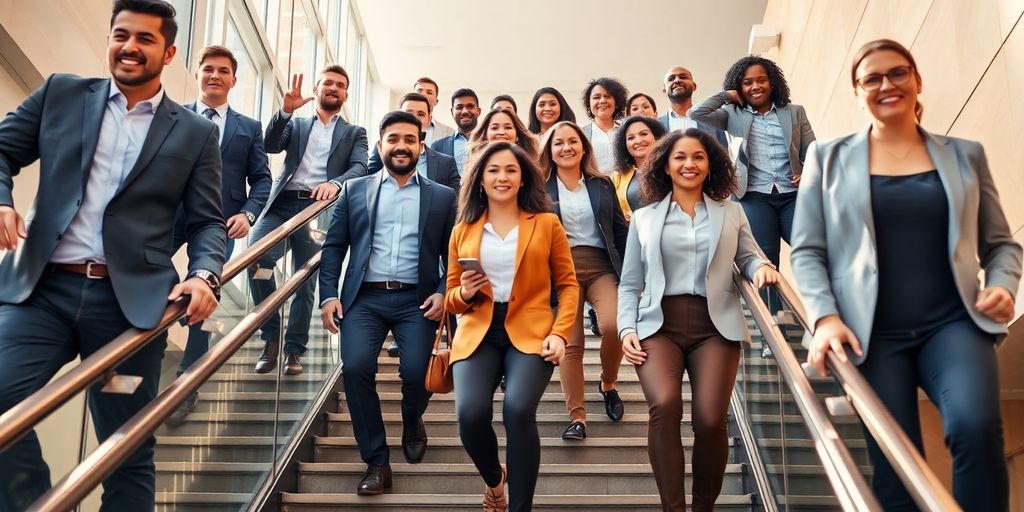 Successful business people walking confidently towards a bright future.