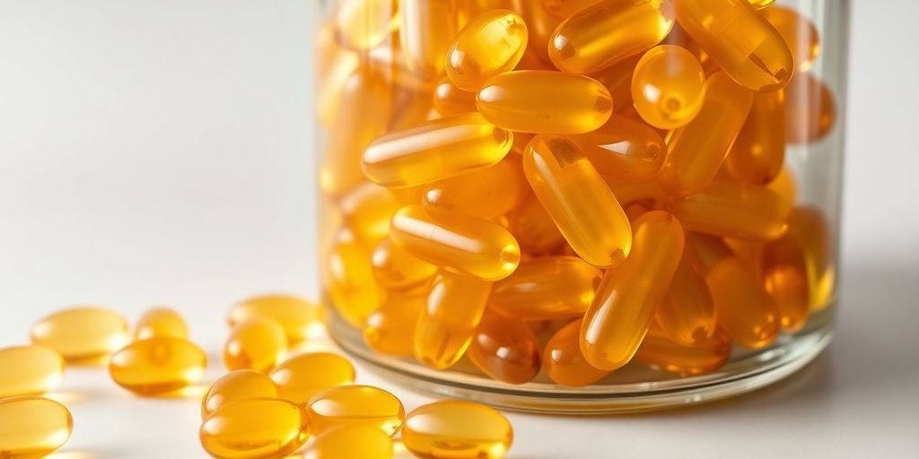 Omega 3 fish oil capsules in a clear bottle.