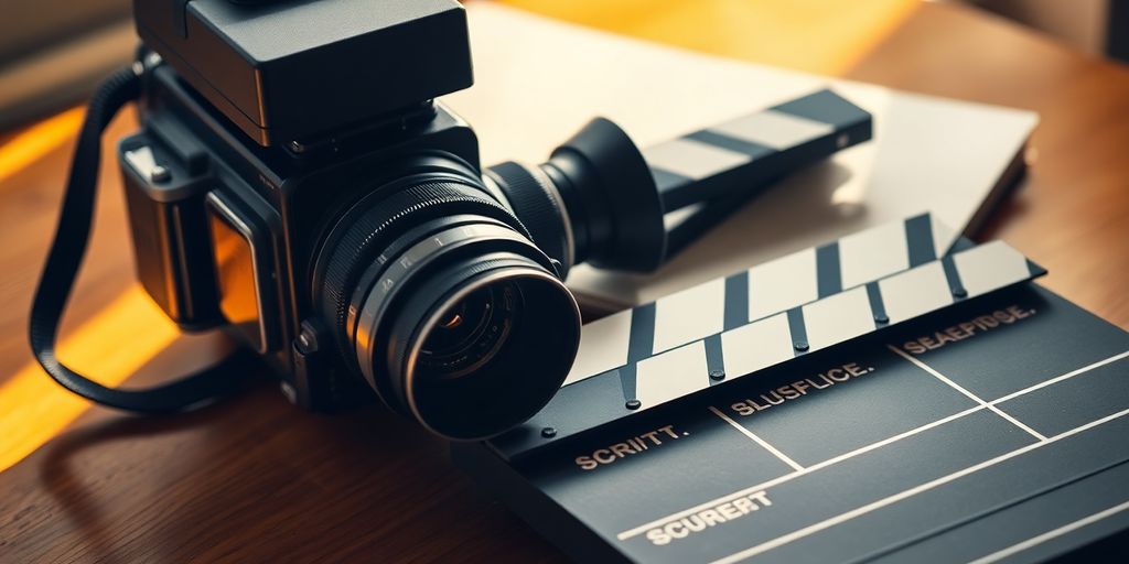 Filmmaker's tools on a wooden desk